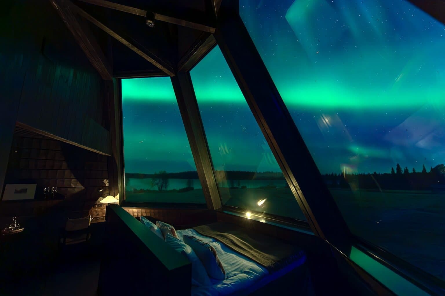The interior of a glass-roofed cabin in Finnish Lapland looking out onto snow